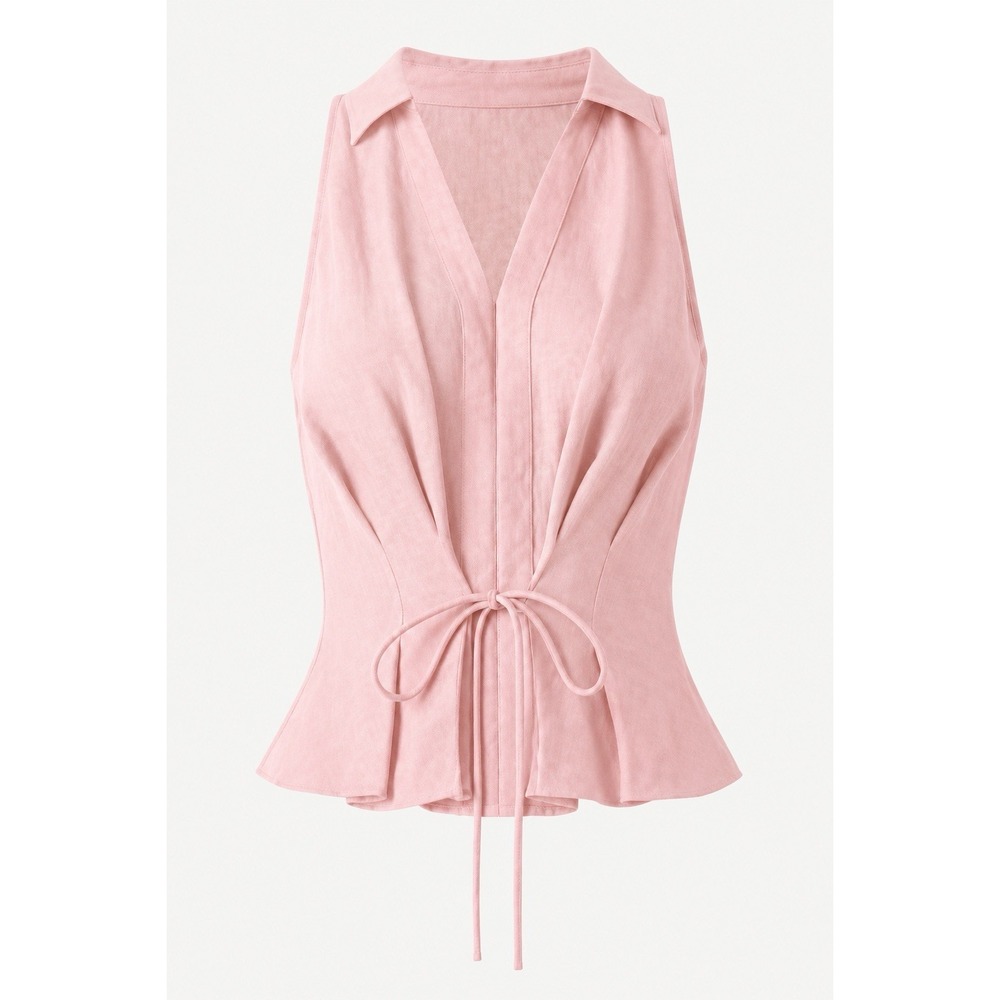 OGL Collared Ecru V-neck Pleated Sleeveless Top Tie Office Career Pink Women's L